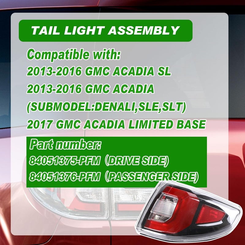 Lochnchn Tail Lights Compatible with GMC Acadia 2013-2016 Acadia Limited 2017 Rear LED Taillights Assembly Right Passenger Side Tail Lamp Replace 84051376-PFM.Not Include Bulb - Image 2